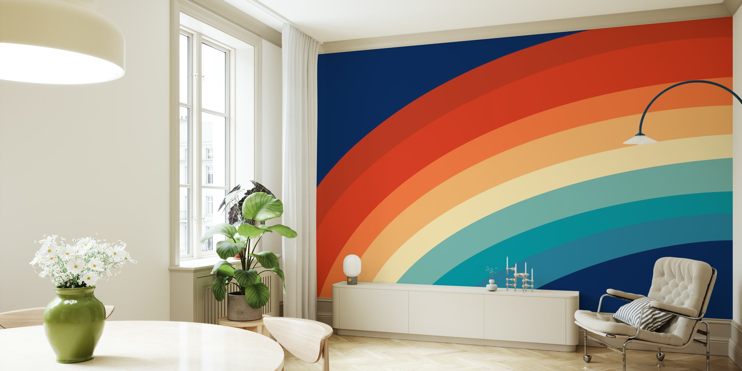 Colorful retro rainbow wallpaper in room setting